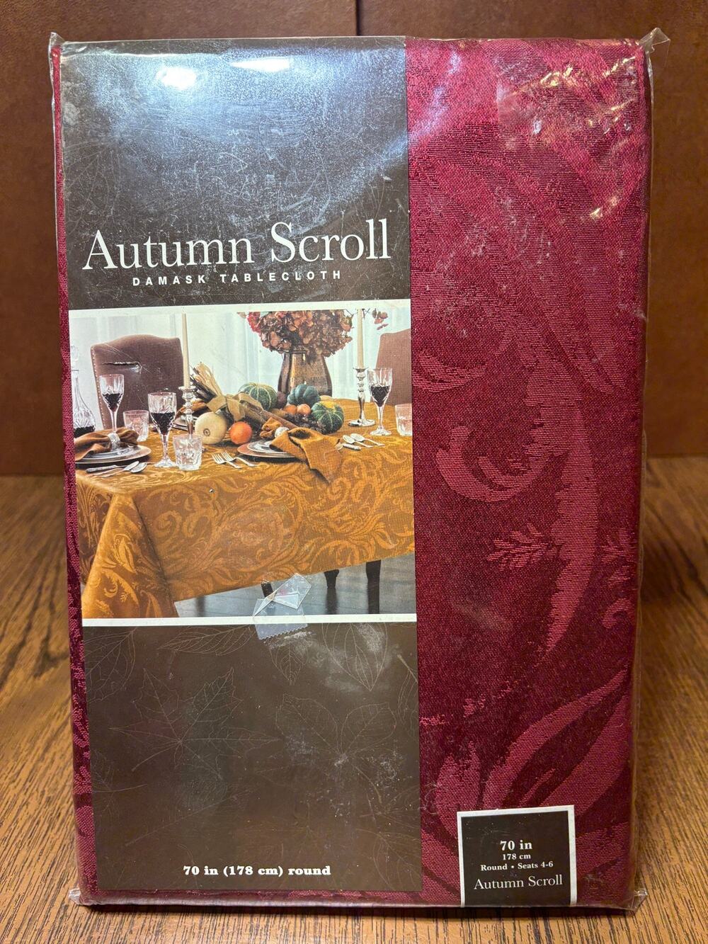 Autumn Scroll Damask Tablecloth Wine 70" Round NEW